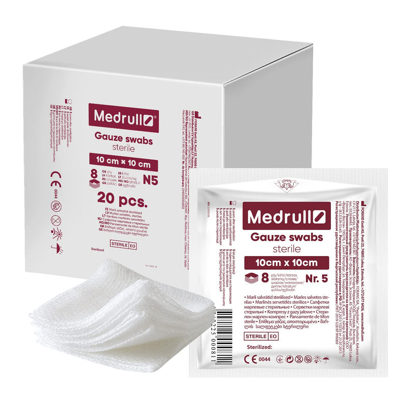Medrull - Sterile Gauze Swabs, Pack of 100 (20 x 5 Pieces) 8-Ply, 10 cm x 10 cm, Absorbent Dressings, Bandage Material, Gauze Bandages, Wound Dressings 10x10 cm (100er Pack) - NewNest Australia