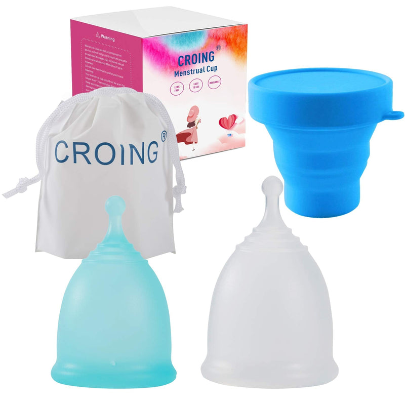 CROING 𝙋𝙚𝙧𝙞𝙤𝙙 𝘾𝙪𝙥 2 pcs Menstrual Cup with 1 pc Silicone Cup and 1 pc Storage Bag,Menstrual Cup Holder, Storing Period Cup (Blue and White) - NewNest Australia