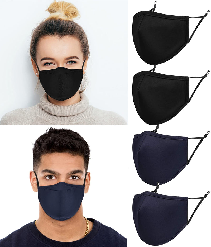 ecotru UK 4 Pack Reusable Cotton Face Masks, 2 Navy Blue, 2 Black Mask with Nose Wire for Glass Wearers, 3-Ply Washable & Breathable Fabric with Filter Pocket & Adjustable Loops - NewNest Australia