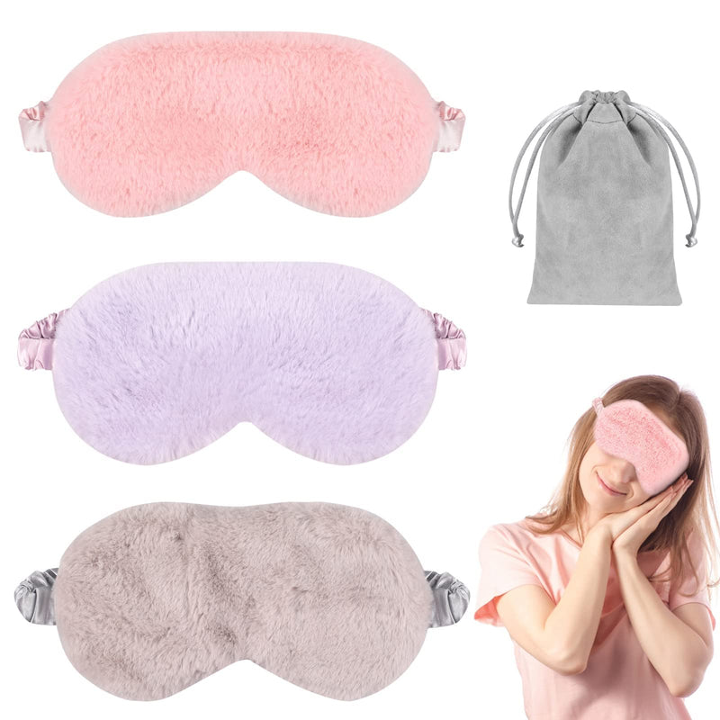 Sleeping Masks for Women, 3PCS Blackout Sleep Eye Mask, yeestone Soft Night Mask, Fluffy Eye Covers with Travel Pouch, Sleep Blindfold for Women Kids(Pink/Purple/Grey) - NewNest Australia