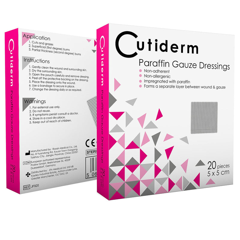 Pack of 20 Cutiderm Sterile Paraffin Gauze Dressing 5cm x 5cm - Suitable for Superficial and Partial Thickness Burns, Skin Loss Wounds, abrasions and Traumatic Injuries - NewNest Australia