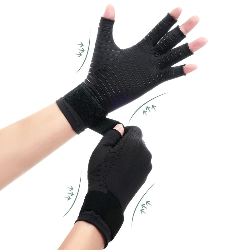 Copper Compression Arthritis Gloves with Strap, Best Copper Infused Glove for Women and Men, Fingerless Glove Hand Wrist Support for Carpal Tunnel, Arthritis, RSI, Tendonitis, 1 Pair, Black (M) M - NewNest Australia