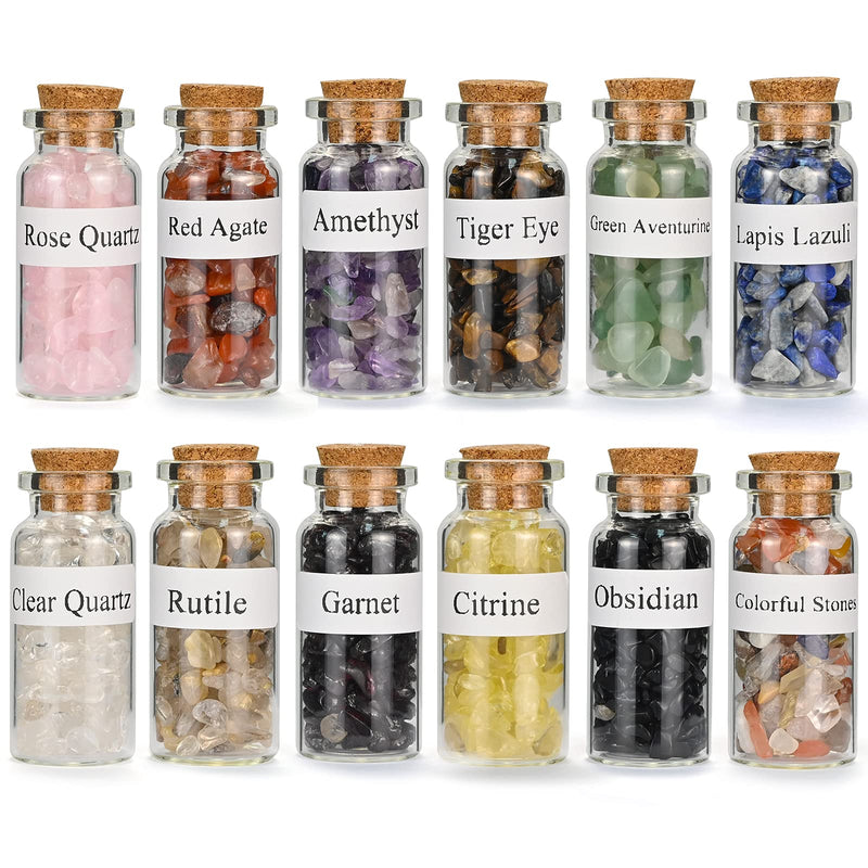 12Pcs Crystals Gemstone Bottles Set, Healing Crystal Tumbled Stones Collection Kit Natural Quartz Gravel Wishing Bottle, Reiki, Healing, Meditation, DIY Decorations 12 Colors - NewNest Australia