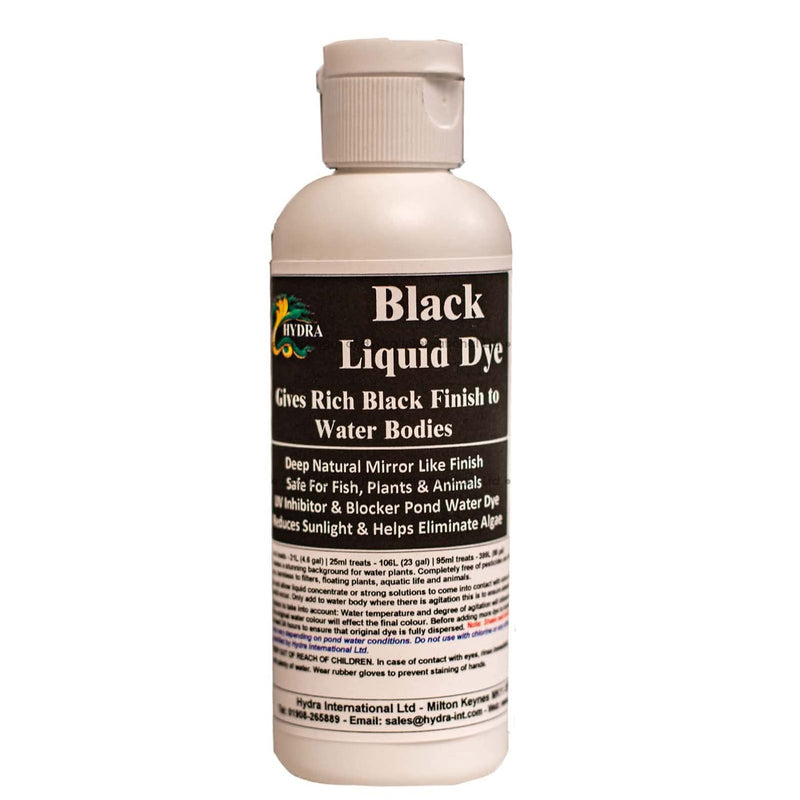 HYDRA LIQUID BLACK DYE 95ml Treats upto 399L Concentrated Liquid Dye Safe for Use in Ponds, Fountains & Water features - PawsPlanet Australia