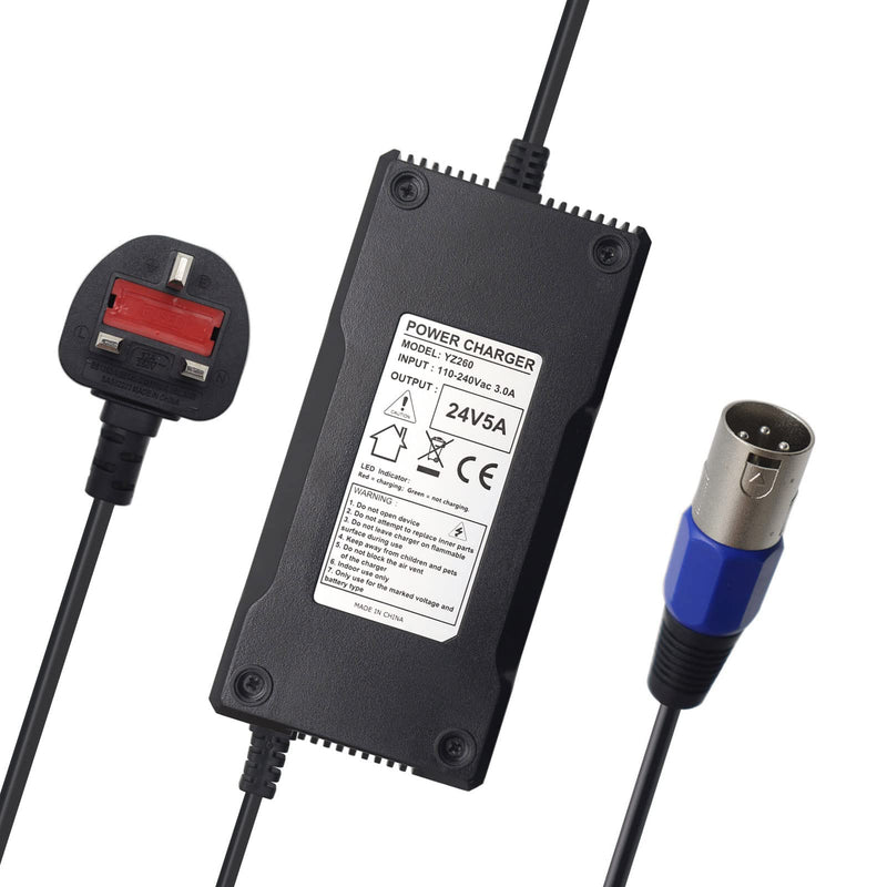 xiixtoo 24V 5AMP Lithium Battery Charger For Mobility Wheelchair, Scooter, Motorcycle, eBike, Lawn Mower, Marine Boat, Pride Mobility, Jazzy Power Chair, Drive Medical, Shoprider Male 3-Pin XLR Plug - NewNest Australia