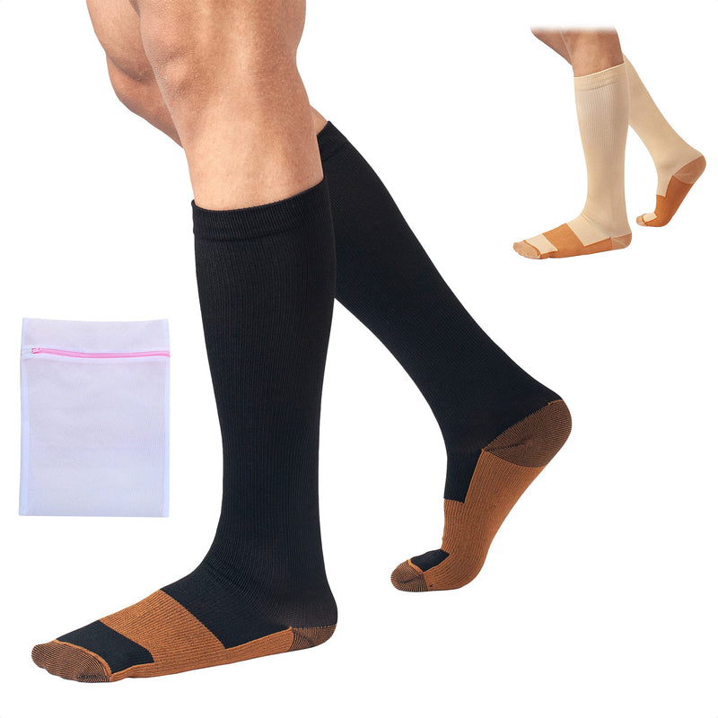 360 RELIEF - Copper Infused Compression Socks for Men and Women Supports | Varicose Veins, Achy Feet Blood Circulation, Travel, Running, Pregnancy | L/XL, Black with Mesh Laundry Bag | - NewNest Australia