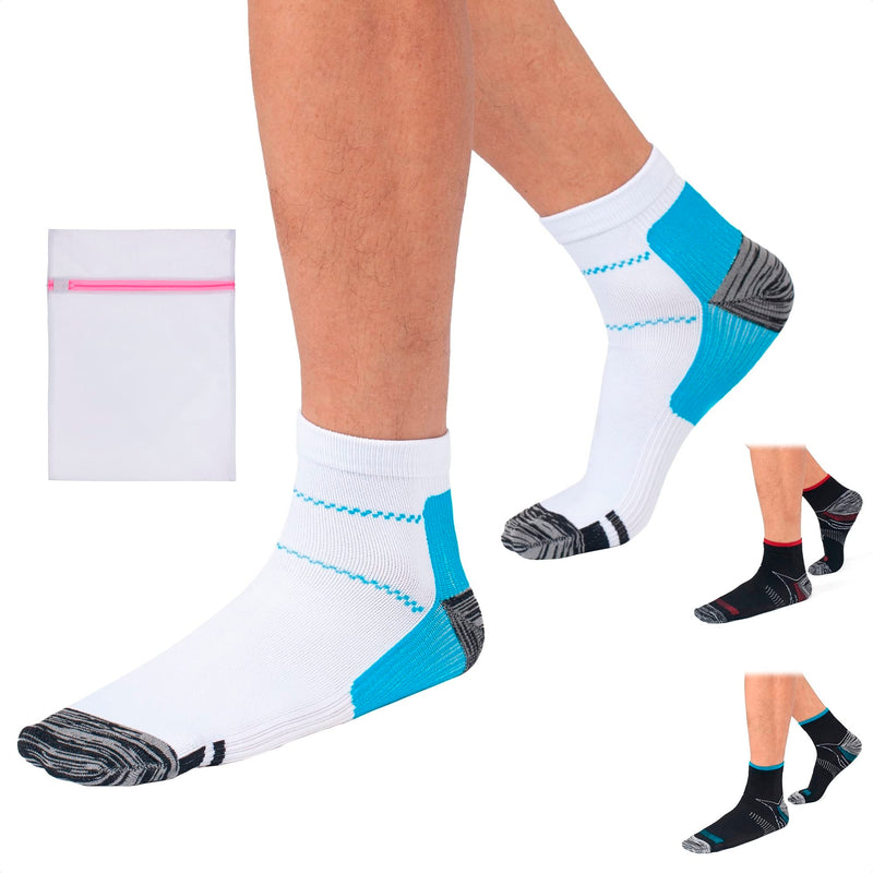 360 RELIEF - Compression Ankle Socks for Sprained Ankle Supports | Arch Pain, Plantar Fasciitis, Foot Swelling, Travel, Flight, Heel Spurs, Pregnancy | S/M, White/Blue with Mesh Laundry Bag | - NewNest Australia