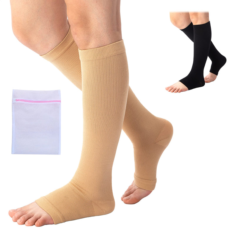 360 RELIEF Compression Socks for Women & Men - Open Toe Graduated Stockings Support for Travel, Running, Nurses, Flight, Maternity, Pregnancy | S/M, L/XL, XXL, Beige, Black with Mesh Laundry Bag | - NewNest Australia