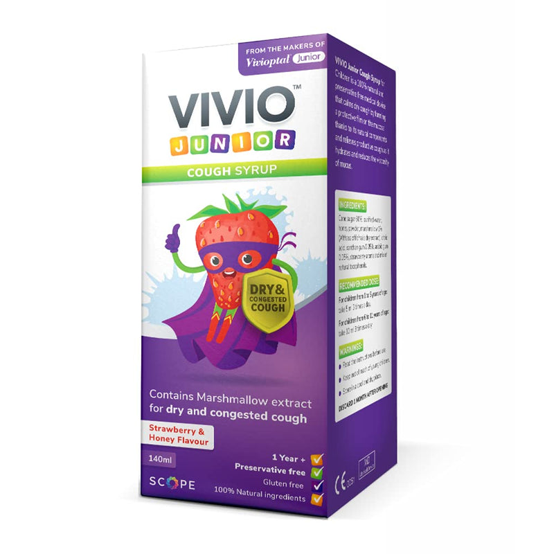 VIVIO Junior Cough Syrup - A Strawberry and Honey Flavour Preservative Free and Natural Cough Syrup for Dry and Congested Coughs in Children Aged 1 Year and Over - 140 ml - NewNest Australia