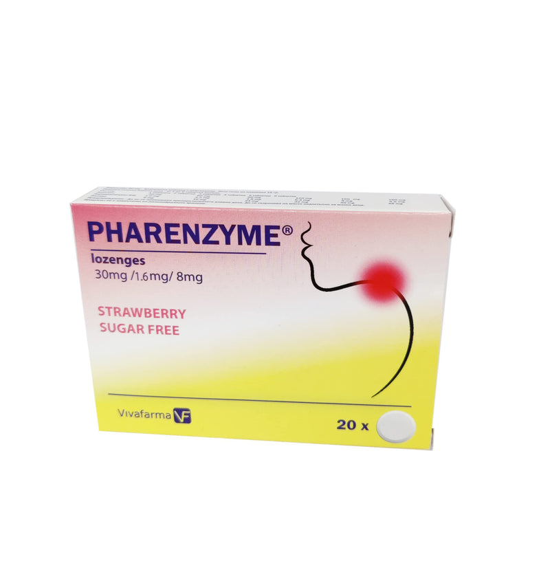 PHARENZYME, Strawberry Sugar Free - 20 lozenges - Sore Throat Relief - Enzyme-Active Tablets - Relieves Sore Throat - Clears runny Nose - Anti-inflammatory and Pain-Relieving Effect - NewNest Australia