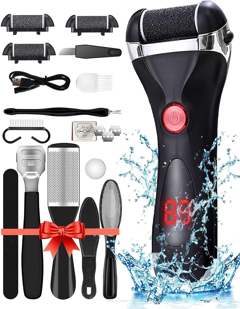 Jooayou Foot File Electric for Hard Skin, USB Rechargeable Waterproof Foot Scrub Callus Remover [with 3 Pumice Stone Rollers & 10 in 1 Foot Scraper Set] Foot Care Tool for Dry Dead Cracked Heel Black - NewNest Australia