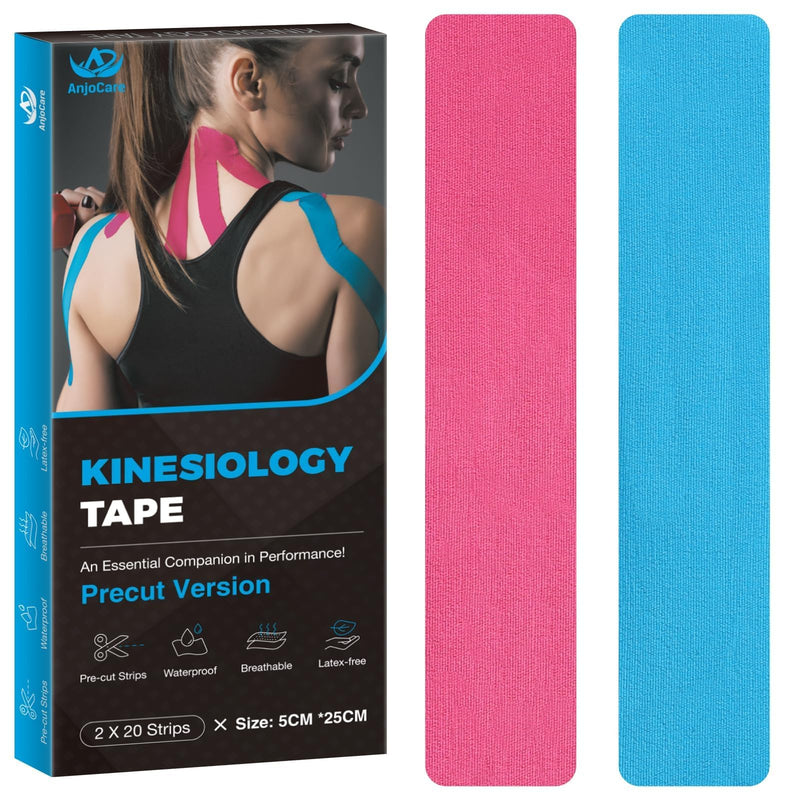 Kinesiology Tape Precut 2 Rolls, Elastic Kinesiology Therapeutic Tape for Physical Therapy, Sports and Injury Recovery, Athletic Sports Tape for Knee, Ankle & Shoulder (2 x 20 Strips) Blue & Pink - NewNest Australia