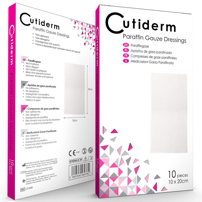 Pack of 10 Cutiderm Sterile Paraffin Gauze Dressing 10cm x 20cm - Suitable for Superficial and Partial Thickness Burns, Skin Loss Wounds, abrasions and Traumatic Injuries 10cm x 20cm (Pack of 10) - NewNest Australia