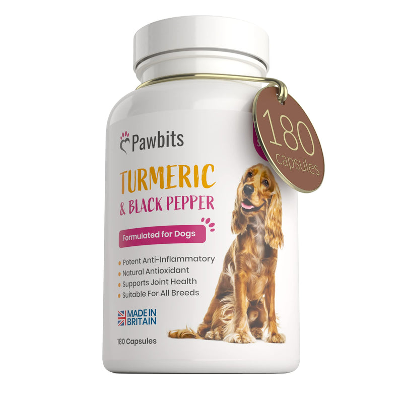 180 Turmeric for Dogs with Active Bioperine Black Pepper | Natural Premium Turmeric Curcumin Capsules suitable for Cats, Horses & Pets Powerful Antioxidant Supplement for Hip & Joints 180 Capsules - PawsPlanet Australia