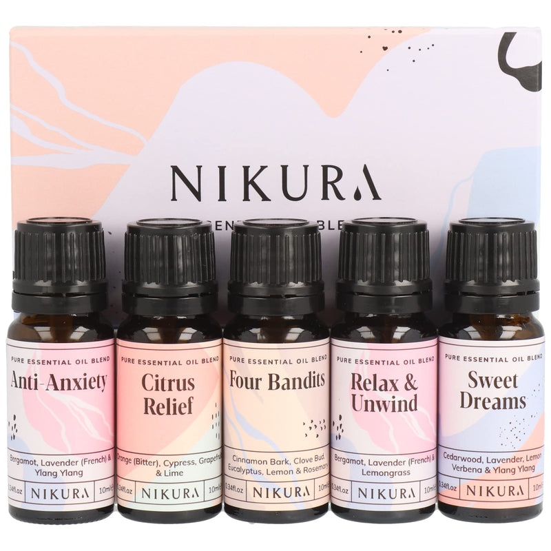 Nikura Blends Best Sellers Essential Oils Gift Set | Diffusers for Home, Sleep, Aromatherapy, Candles | 5 x 10ml | Anti-Anxiety, Citrus Relief, Four Bandits, Relax & Unwind, Sweet Dreams | UK Made - NewNest Australia