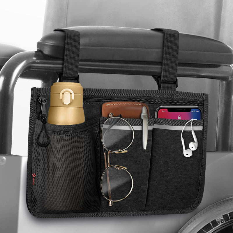 FINPAC Wheelchair Side Storage Bag - Wheelchair Armrest Accessories Organisers Pouch with Reflective Strips and Name Card Slot for Walkers, Mobility Scooters, Rollators (Black) Black - NewNest Australia