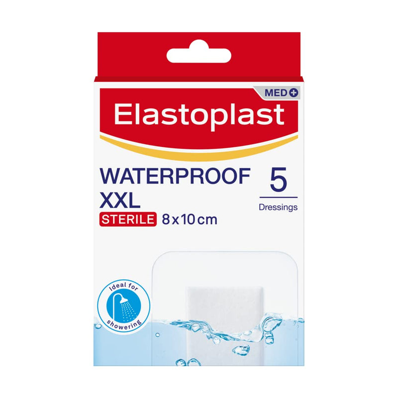Elastoplast Waterproof XXL Med+ Dressings (5 Pieces), Pack of First Aid Plasters, Large Plasters for Post-Operative Wounds, Waterproof Sterile Dressings for Wounds, 0% Latex, Clear White - NewNest Australia