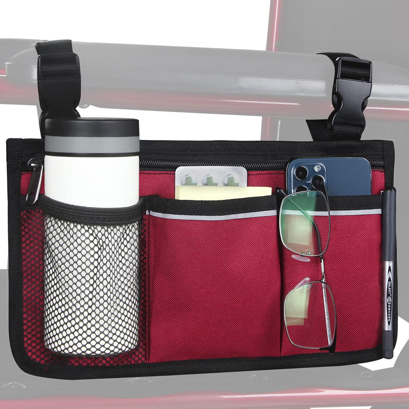 Wheelchair Side Organizer Storage Bag Armrest Pouch with Cup Holder and Reflective Stripe Use Waterproof Fabric, for Most Wheelchairs, Walkers or Rollators (Red) Red - NewNest Australia