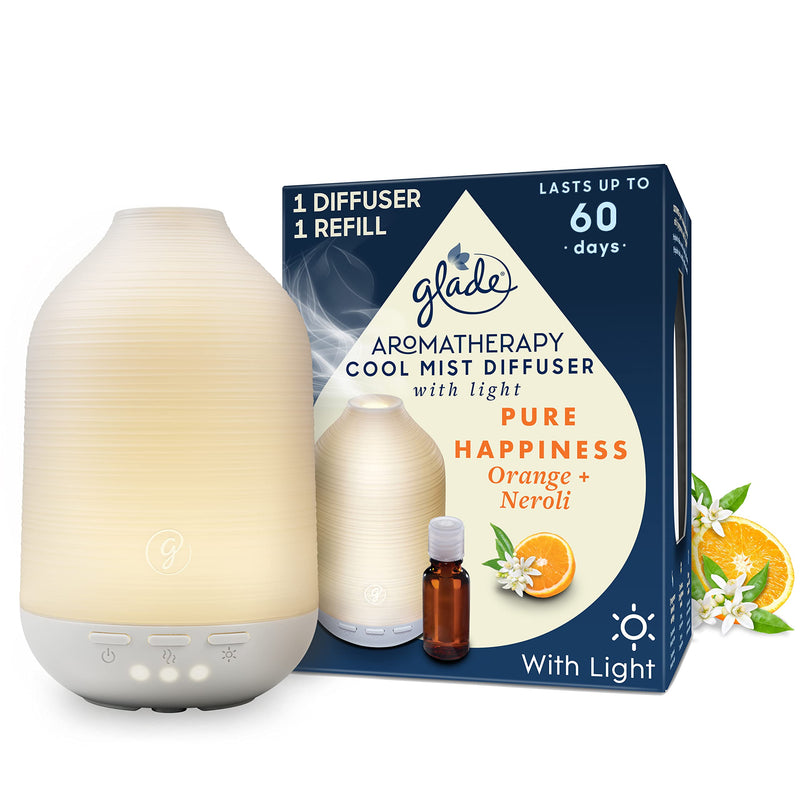 Glade Essential Oil Diffuser Holder & Refill, Cool Mist Aromatherapy Diffuser & Air Freshener for Home, Pure Happiness with Orange & Neroli Scent, 17.4ml Pure Happiness (1 Holder & 1 Refills) - NewNest Australia