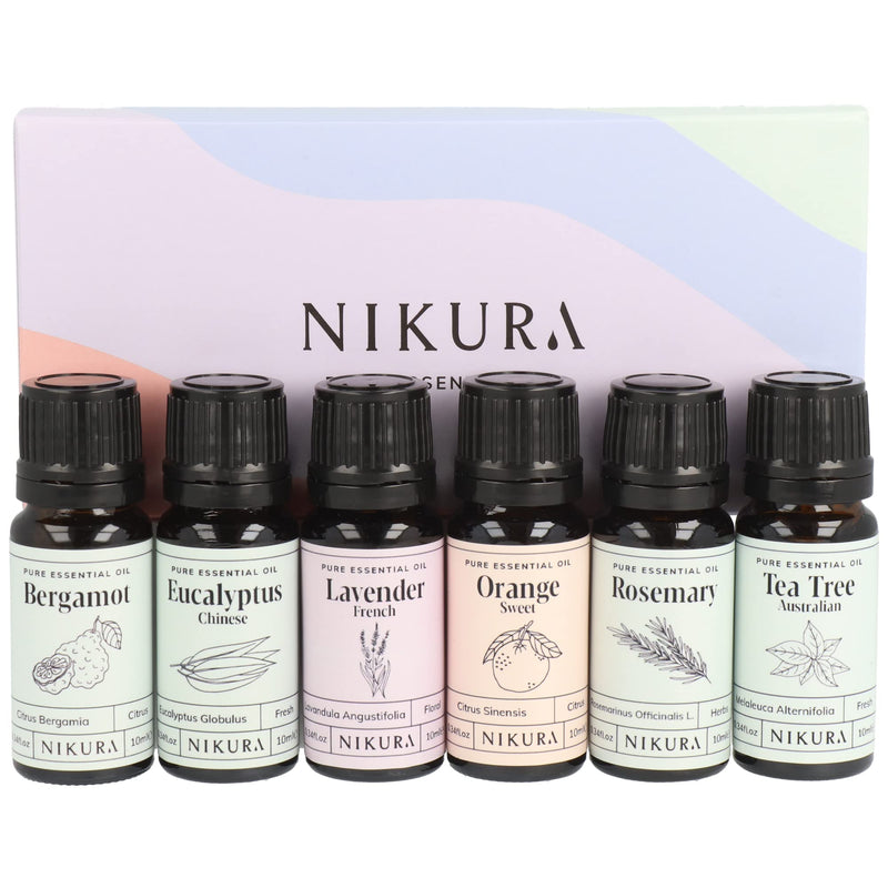 Nikura Favourites Essential Oil Gift Set - 6 x 10ml | Essential Oils for Diffusers for Home, Sleep, Hair Growth, Skin, Aromatherapy | Bergamot, Lavender, Sweet Orange, Rosemary & Tea Tree | Natural - NewNest Australia