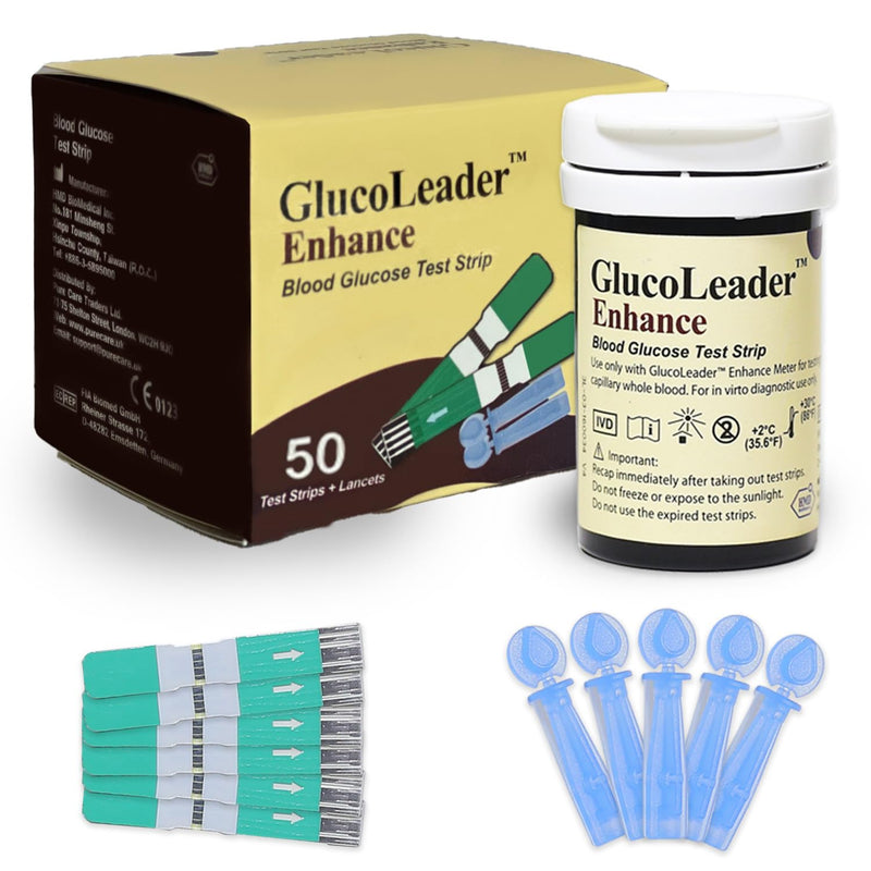 Glucoleader Enhance Diabetes Test Strips X 50 and Lancets X 50 - Blood Glucose Test Strips for Diabetes Testing Kit - Only Strips Without Meter - Made in Taiwan 50 Strips & 50 Lancets - NewNest Australia