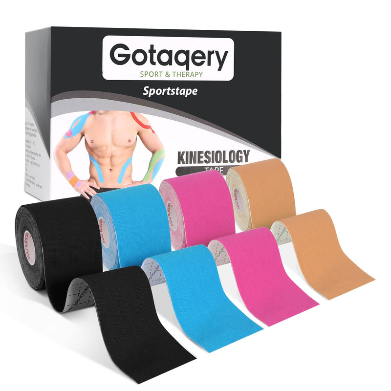 Gotaqery Kinesiology Tape (4 Rolls Pack), Waterproof Elastic Muscle Support Tape for Exercise, Sports & Injury Recovery, Breathable & Latex Free, 5cm x 5m Per Roll 4 Rolls：black+blue+pink+beige - NewNest Australia