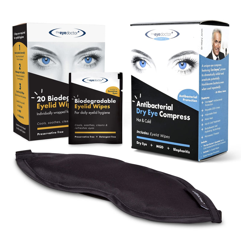 The Eye Doctor Essential Treatment Bundle - Reusable Hot Cold Eye Compress & 20x Single Use Eyelid Wipes for Dry Eye, Blepharitis & MGD - Microwave Safe Mask Mask & 20 Wipes - NewNest Australia