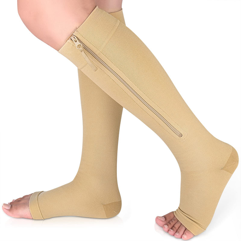 Ailaka Medical Compression Socks with Zipper, Knee High 15-20 mmHg Compression Socks for Women Men, Open Toe Support Socks for Varicose Veins, Edema, Recovery, Pregnant, Nurse 2X-Large (1 Pair) Beige - NewNest Australia