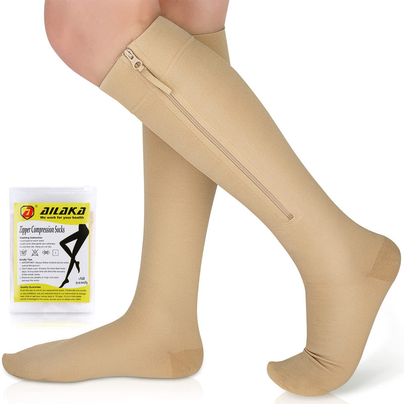 Ailaka Zipper Compression Socks Medical, 15-20 mmHg Knee High Compression Socks for Men Women, Close Toe Support Socks for Varicose Veins, Edema, Recovery, Pregnant, Nurse X-Large (1 Pair) Beige - NewNest Australia