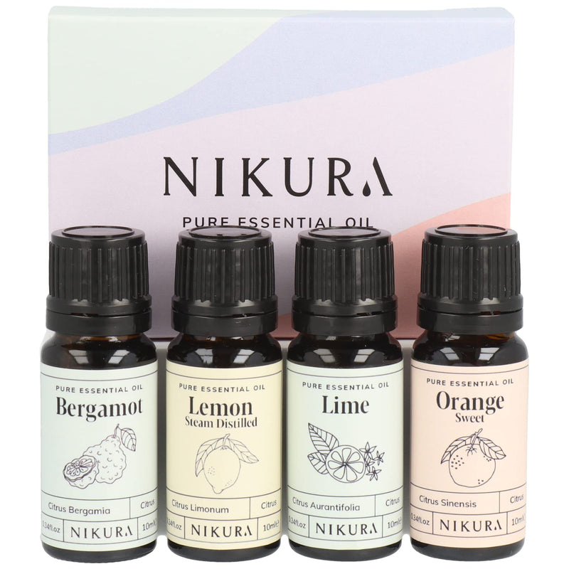 Nikura Citrus Oils Set - 4 x 10ml | Perfect for Cleaning, Aromatherapy, Diffusers for Home, Incense, Laundry | 100% Pure and Natural Essential Oils Including Bergamot, Lemon, Lime and Sweet Orange - NewNest Australia