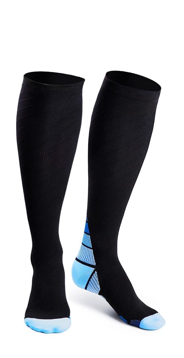 Compression Socks for Women & Men, Stockings Running, Flight, Sports, Pair, Travel, Unisex, Fitness, Jogging, Hiking, cycling, Mountain climbing, Good Shin Splints, Black with Blue, L-XL - NewNest Australia