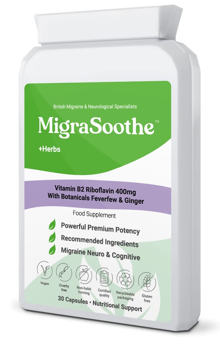 Migraine Relief Feverfew + Ginger + Vitamin B2 Riboflavin 400mg per Capsule - Migrasoothe + Herbs NHS Recommended Ingredients UK Made Stress, Headaches Tremors & Energy Vegan. Vitamin B2 400 [30] 30 - NewNest Australia