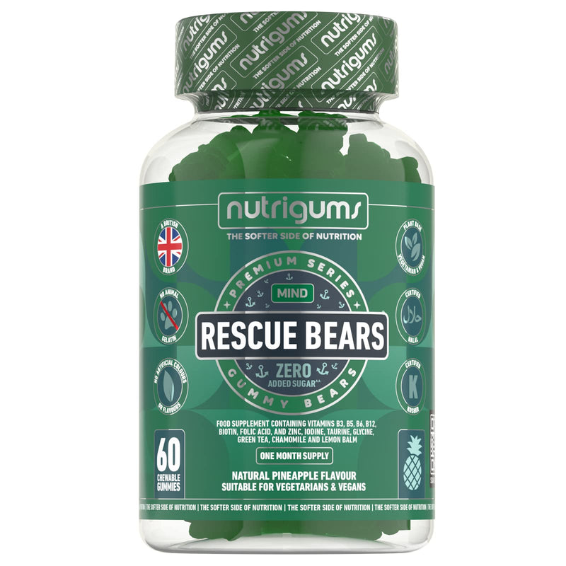 RESCUE BEARS 60 Vegan Gummies. Daytime Stress & Anxiety Relief with Glycine, Taurine, Green Tea, Lemon Balm, Chamomile, Vitamins & Prebiotics for Calming. Pineapple Flavour. - NewNest Australia