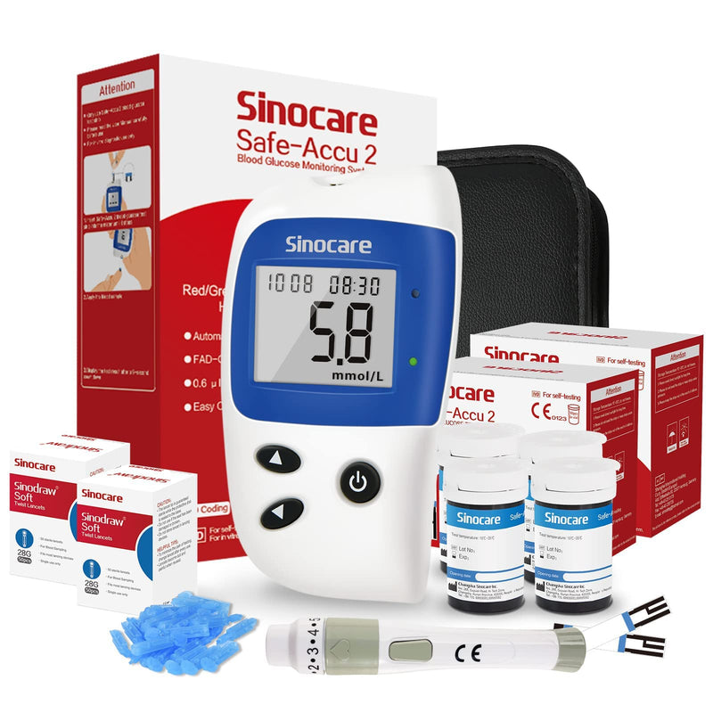sinocare Diabetes Testing Kit/Blood Sugar Monitor Safe Accu2 /Blood Glucose Monitor with Light Warning, with Strips x 100 & Lancing Devices x 100 & Case for UK Diabetics -in mmol/L safe-accu2 kit-100 - NewNest Australia