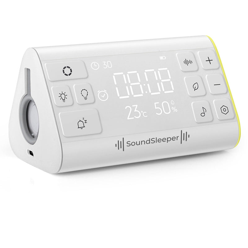 SoundSleeper White Noise Machine and Relaxation Aid with Voiced Relaxation Script, 33 Sounds, Digital Clock, Temperature & Humidity Monitors, and Nightlight. Portable, Rechargeable Sleep Aid. - NewNest Australia