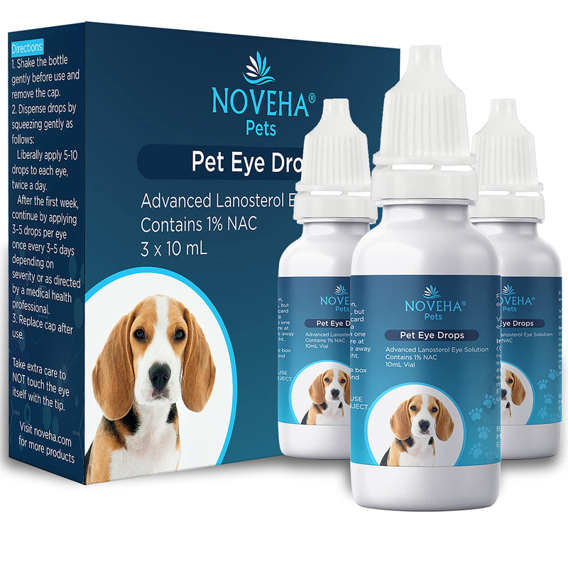 NOVEHA Cataract Drops for Pets | Advanced Lanosterol Solution + NAC | Therapeutic Eye Lubricating Drop for Dog & Cats | Improve Vision Clarity, Health & Dryness, Pink Relief in Animals (3 x 10 mL) - PawsPlanet Australia