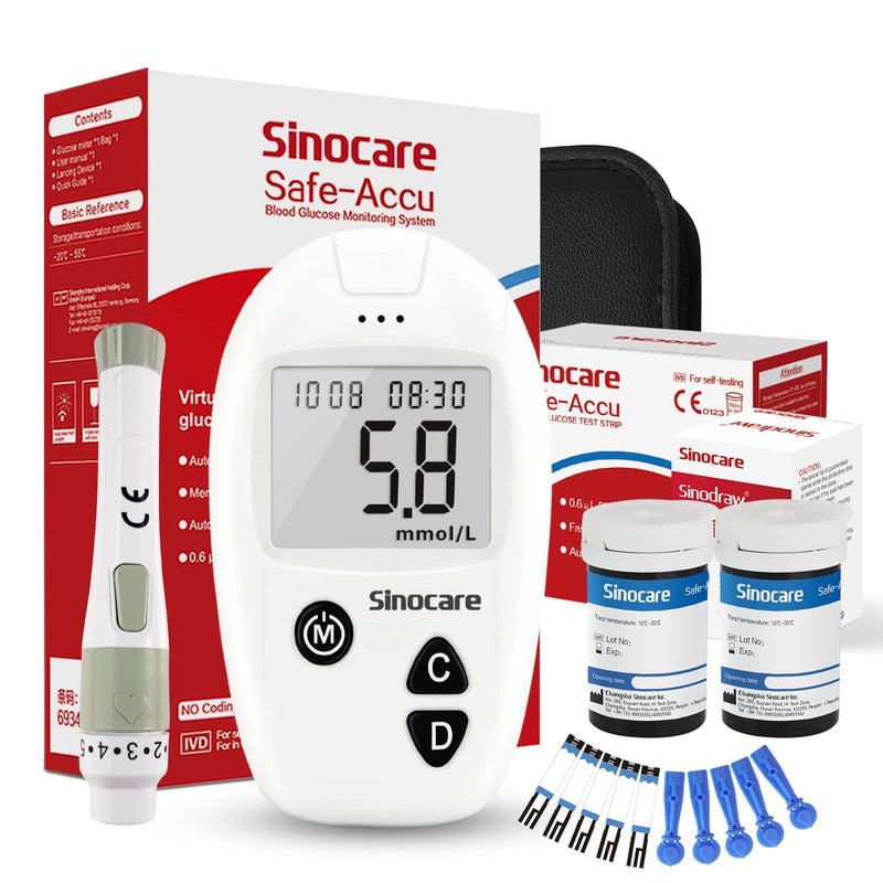 sinocare Safe Accu Diabetes Testing Kit, Blood Glucose Monitor, with Test Strips x 50 & Lancing Devices x 50 & Case, for UK Diabetics -in mmol/L Safe Accu Glucometer x 50 strips - NewNest Australia