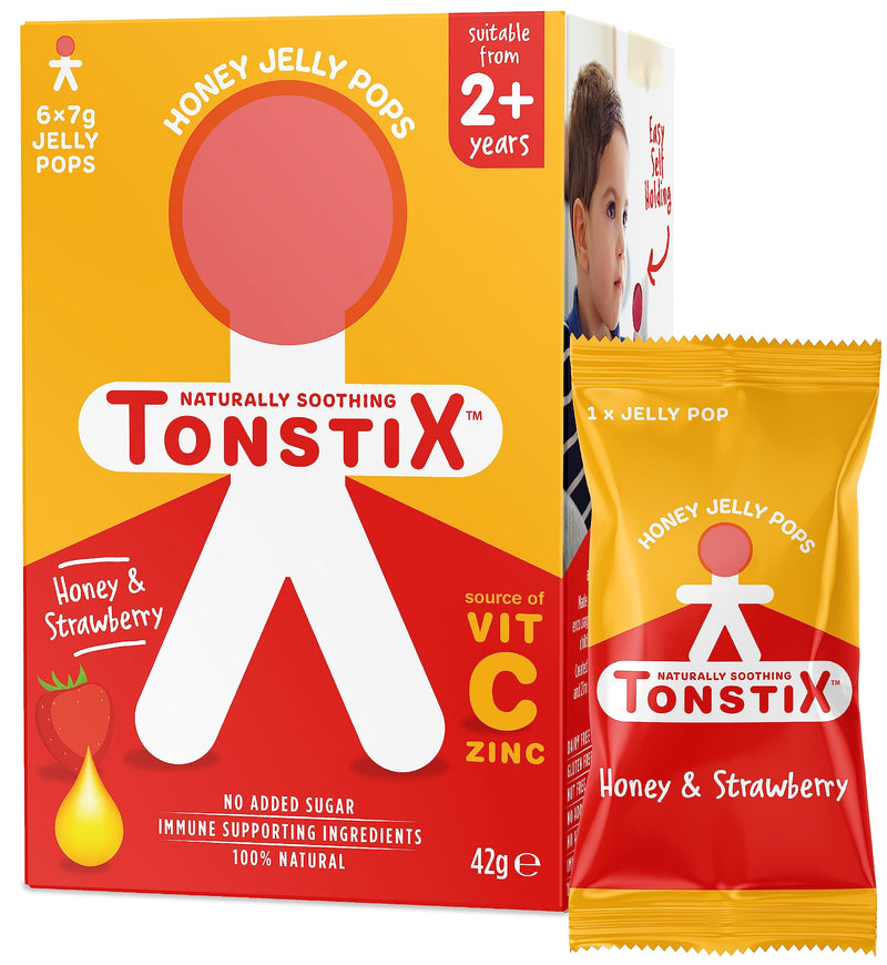 TONSTIX HONEY & STRAWBERRY JELLY POPS | FOR SORE THROATS AND COUGHS | 6 PACK | SOURCE OF VIT C & ZINC | NO ADDED SUGAR | IMMUNE SUPPORTING INGREDIENTS | 100% NATURAL 1 Count (Pack of 6) - NewNest Australia