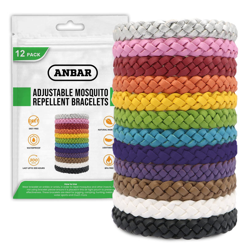 Anbar Leather Mosquito Repellent Bracelets for Adults and Kids, 12 Pack, Deet Free, All-Natural Anti-Mosquito, Tick, and Insect Essential Oils, 300-Hour Waterproof Outdoor Protection (Solid) Solid - NewNest Australia