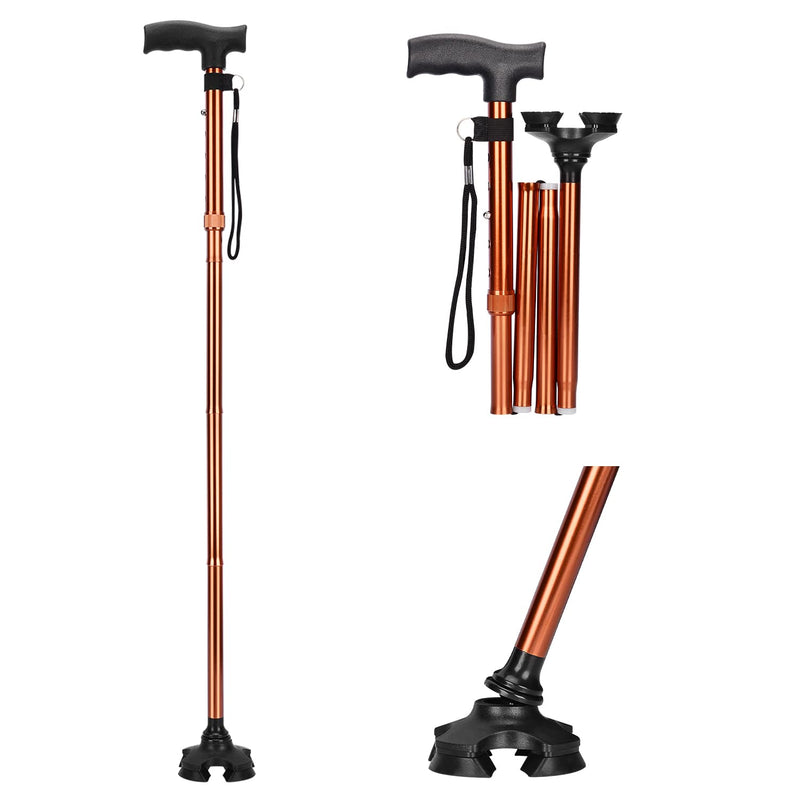supregear Folding Cane, 5-Level Adjustable Folding Cane with T-Handle and Anti-lost Wrist Strap Non-Slip Self-Standing 4-Legged Rubber Support Collapsible Cane for Elderly Disabled Men Women Brown - NewNest Australia