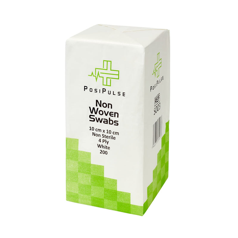 Posi Pulse 10cm x 10cm, 200ct Non-Sterile Gauze Swabs - 4 Ply Non-Woven Blend of Soft Strong Smooth Viscose/Polyester, 30g, Latex Free, CE Certified, White for Wound Dressing, Cleaning, Absorption - NewNest Australia