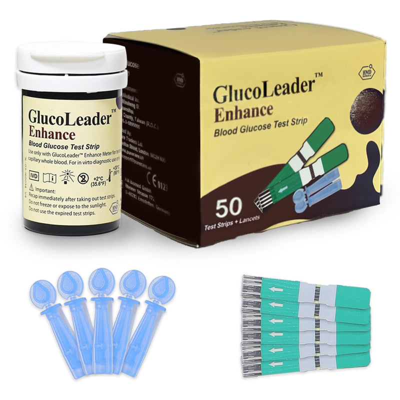 GlucoLeader Enhance Blood Glucose Test Strips Pack of 50 Blood Sugar Test Strips & Lancets Without Meter.Made in Taiwan. 1 count (Pack of 50) - NewNest Australia