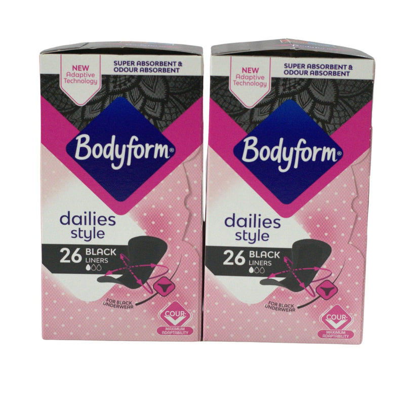 Bodyform Dailies Black Panty Liners for Women (x26) | Pack of 2 (52 Liners) | Specifically Designed for Black Underwear | Super Absorbent & Odour Absorbent | Enhanced with V-Zone Protection - NewNest Australia