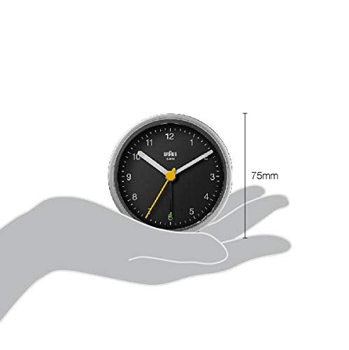 NewNest Australia - Braun Classic Analogue Alarm Clock with Snooze and Light, Quiet Quartz Movement, Crescendo Beep Alarm in Black and Silver, Model BC12SB. 