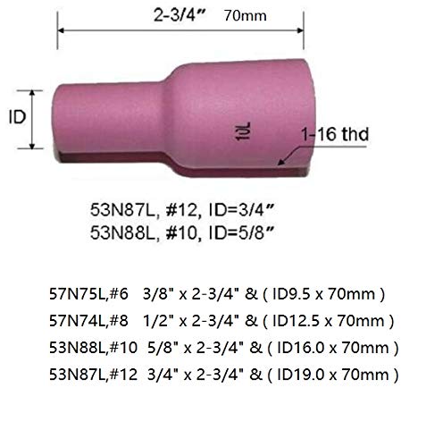 RIVERWELD 10pcs Long Large TIG Gas Lens Alumina Nozzle Cup 53N87L (#12, 3/4") 53N88L (#10, 5/8") 57N74L (#8, 1/2") 57N75L (#6, 3/8") Assorted Size Kit WP 9 17 18 20 25 26 Series TIG Welding Torch - NewNest Australia