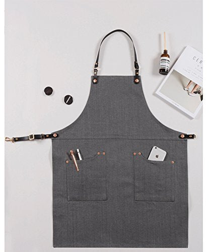 Luchuan Cotton Grey Denim Restaurant Work Aprons with the Adjustable Genuine Leather Belt (style 1 : 33.8"x 25") style 1 : 33.8"x 25" - NewNest Australia