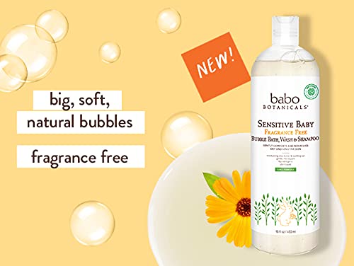 Babo Botanicals Sensitive Baby Fragrance Free 3-in-1 Bubble Bath, Wash & Shampoo - with Organic Shea Butter, Coconut Oil, Calendula & Oat - Vegan & EWG Verified - 15 fl. oz. - NewNest Australia