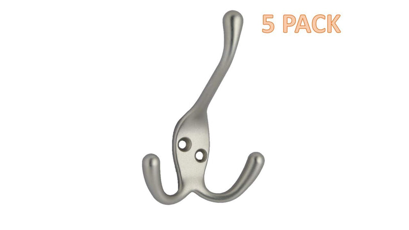 NewNest Australia - QCAA Coat Hat Hook with Three Prongs, 4", Zinc Die Cast, Satin Nickel, 5 Pack, Made in Taiwan 