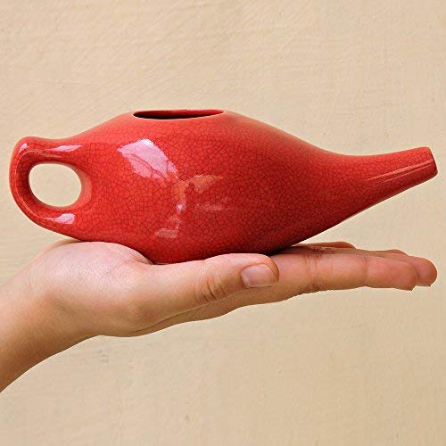 Ceramic Neti Pot for Nasal Cleansing Crackle Pattern | Ceramic Neti Pot with 10 Sachets of Neti Salt | Natural Treatment for Sinus, Infection and Congestion (Red) - NewNest Australia