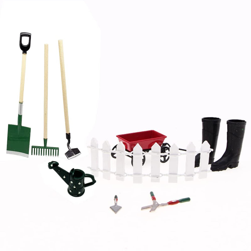 Miniature Fairy Garden Farming Tools, 9 Packs 1:12 Mini Metal Spade Pestle Rake Wagon Kettle Wood Fence Yard Supplies Scene Model Set Dollhouse Decor Accessories - NewNest Australia